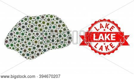 Vector Mosaic Spot Simple Of Corona Virus, And Lake Corroded Ribbon Stamp Seal. Virus Cells Inside S