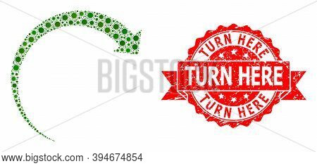 Vector Mosaic Rotate Forward Of Covid-2019 Virus, And Turn Here Scratched Ribbon Stamp Seal. Virus I