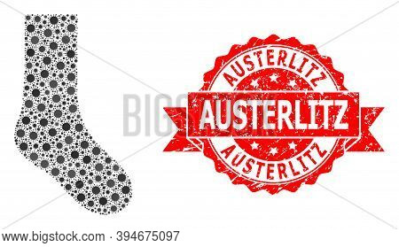 Vector Collage Sock Of Sars Virus, And Austerlitz Corroded Ribbon Seal Imitation. Virus Items Inside