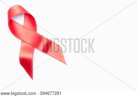 Cancer Ribbons. Red Ribbon Symbol In Hiv World Day Isolated On White Background. Awareness Aids And 
