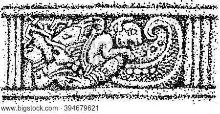 Human Figure And Animal Carved In Stone From The Old City Of Copan. An Archaeological Site Of The Ma