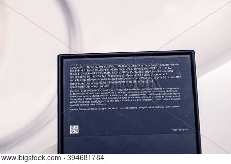 Paris, France - Nov 11, 2020: Package Information Of New Iphone 12 Pro Max 5g Smartphone Model By Ap