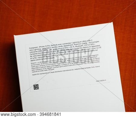 Paris, France - Nov 11, 2020: Package Information Of New Iphone 12 Pro Max 5g Smartphone Model By Ap