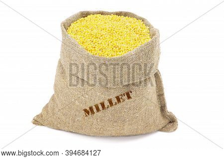 Millet In A Sack Isolated On A White Background. Millet In Burlap Sack. Millet In Jute Bag. Healthy 