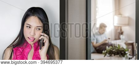 Woman Hidden Call To Another One In Double Dating Or Pramour Behavior Concept With A Husband In Next