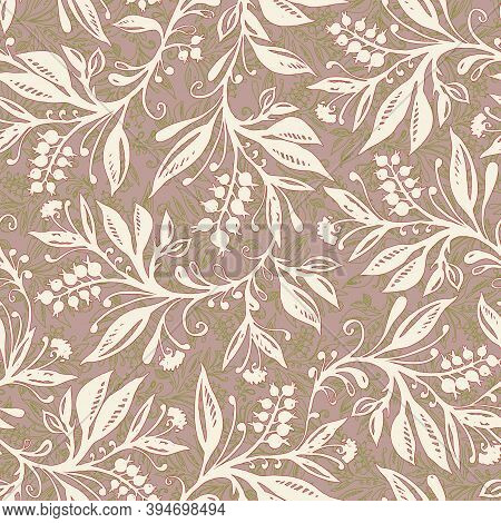 Floral Seamless Pattern With Leaves And Berries In Cream, Taupe, Red And Chartreuse Green Colors, Ha