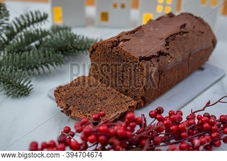 Sweet Chocolate Gingerbread Cake On Festive Background