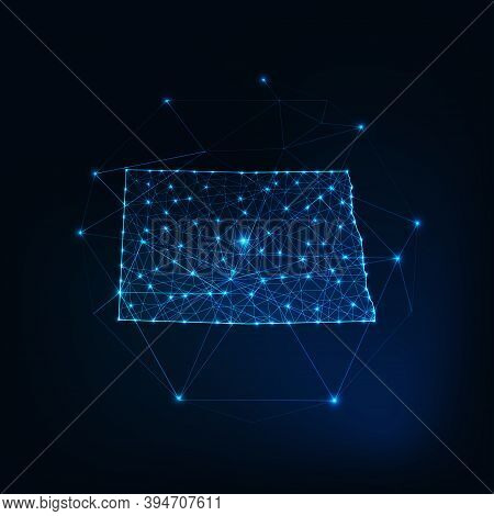 North Dakota State Usa Glowing Map Made Of Stars Lines Dots Triangles, Low Polygonal Shapes.