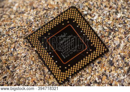 Timisoara, Romania - October 17, 2020: Close-up Of An Intel Mmx Fv80503166 Processor, 166 Mhz, Socke