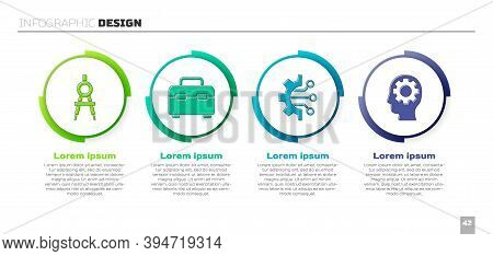 Set Drawing Compass, Toolbox, Algorithm And Human Head With Gear Inside. Business Infographic Templa