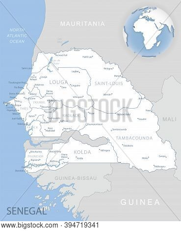Blue-gray Detailed Map Of Senegal Administrative Divisions And Location On The Globe.