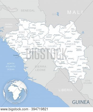 Blue-gray Detailed Map Of Guinea Administrative Divisions And Location On The Globe.