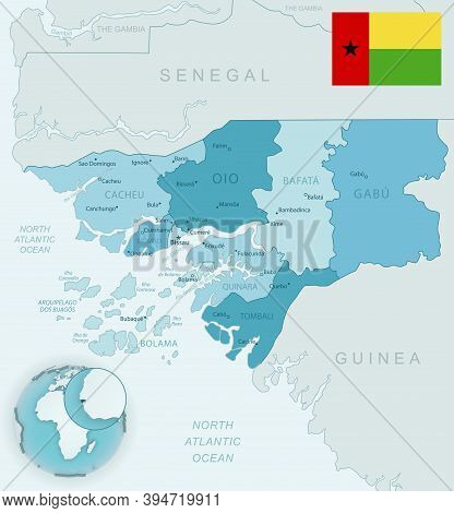 Blue-green Detailed Map Of Guinea-bissau Administrative Divisions With Country Flag And Location On 