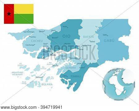 Guinea-bissau Administrative Blue-green Map With Country Flag And Location On A Globe.