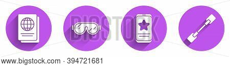 Set Passport, Ski Goggles, Mobile With Review Rating And Paddle Icon With Long Shadow. Vector