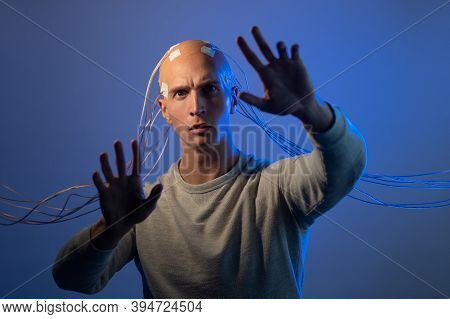 Bald Man With Electrodes In His Brain, Futuristic Concept, Transhumanism Idea Of Transferring Consci