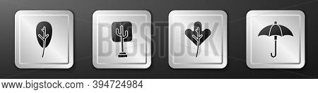 Set Leaf Or Leaves, Tree, Leaf Or Leaves And Umbrella Icon. Silver Square Button. Vector