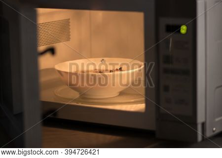 A Bowl Of Soup Is Going To Be Heated In A Microwave Oven