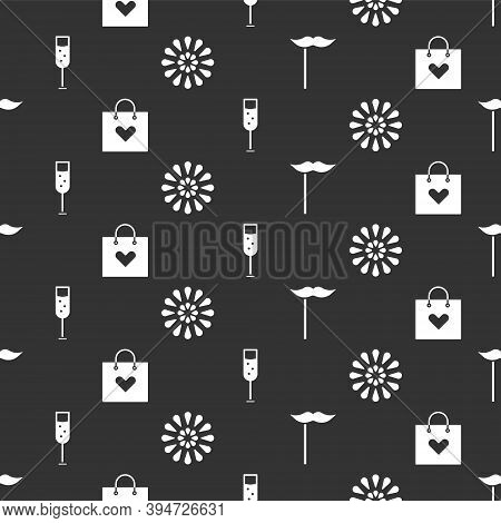 Set Paper Mustache On Stick, Shopping Bag With Heart, Glass Of Champagne And Firework On Seamless Pa
