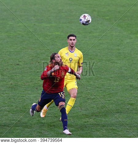 Kyiv, Ukraine - October 13, 2020: Sergio Ramos Of Spain (l) Fights For A Ball With Roman Yaremchuk O