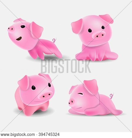 Cute Pink Pig. Toy For The Bathroom. A Collection Of Emotions Of A Cute Pink Minipig. The Pig Sleeps
