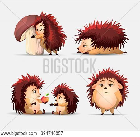Vector Set Of Cute Cartoon Hedgehogs, Apple And Strawberry. Vector Hedgehog. Hedgehogs Vector Illust