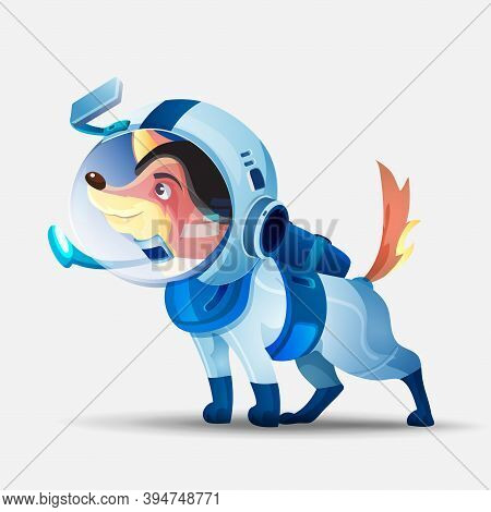 Vector Illustration With A Dog In A Spacesuit. Cosmonaut Dog. Cute Dog Cartoon Character In An Astro