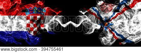 Croatia, Croatian Vs Assyria Smoky Mystic Flags Placed Side By Side. Thick Colored Silky Abstract Sm
