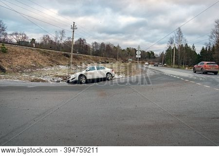 Road Safety Concept, The Car Lost Control On A Slippery Road And The Driver Drove Into A Ditch And A