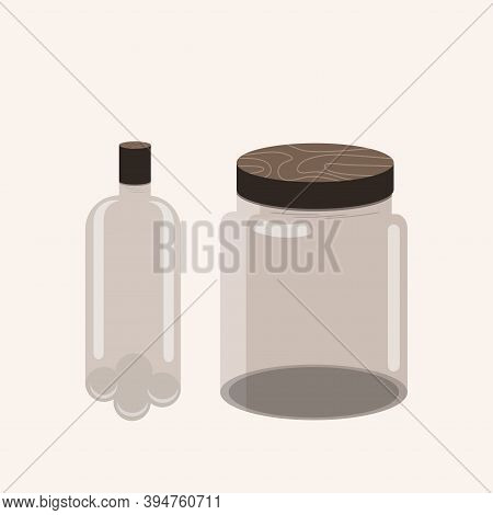 Glass Jars For Storing Food And Water Isolated On Beige Background, Eco Friendly Concept.