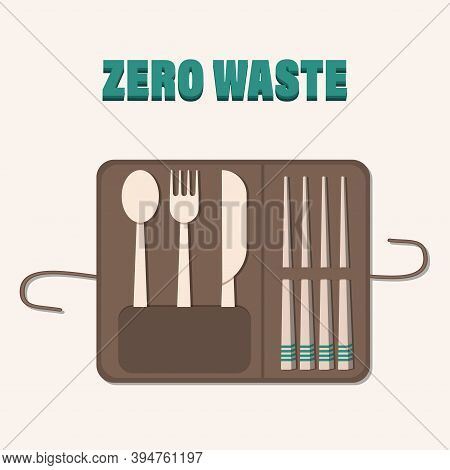 Set With Knife, Fork, Spoon, Brush And Chopsticks Isolated On Beige Background. Eco Friendly Concept
