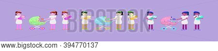 Set Of Nanny Or Baby Sitter. Cartoon Icon Design Template With Various Models. Modern Vector Illustr