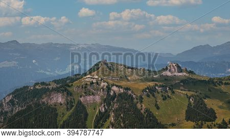 Distant High Angle View On The Rock Formations Of Schynige Platte In Summer. Bernese Oberland, Switz