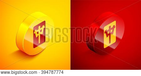 Isometric Mahjong Pieces Icon Isolated On Orange And Red Background. Chinese Mahjong Red Dragon Game