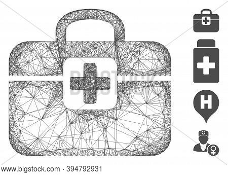 Vector Wire Frame Medkit. Geometric Wire Frame 2d Network Made From Medkit Icon, Designed From Cross