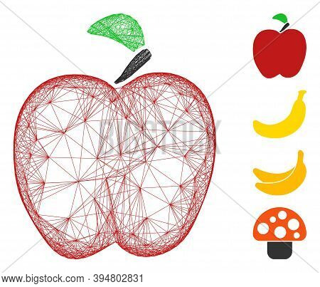 Vector Network Red Apple. Geometric Hatched Carcass Flat Network Generated With Red Apple Icon, Desi