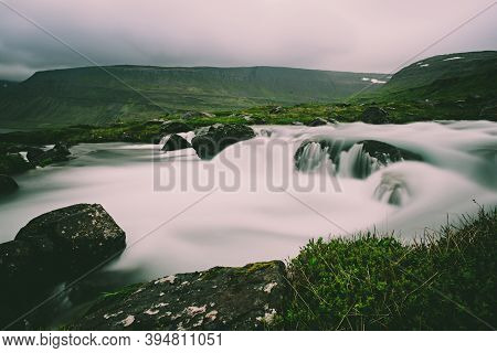 Part Of Dynjandi, Fjallfoss, Waterfall, Iceland. Long Exposure Icelandic Summer Landscape