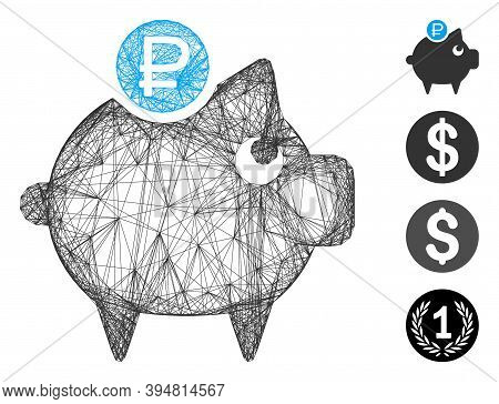 Vector Net Rouble Piggy Bank. Geometric Linear Frame 2d Net Made From Rouble Piggy Bank Icon, Design
