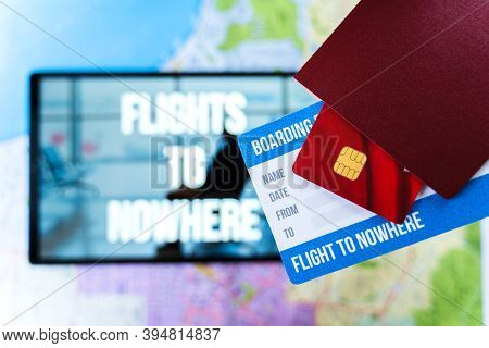 Online Ordering, Buying Tickets In Tablet For Flight To Nowhere. Special Travel, Round Trip During C
