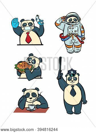 Panda Different Characters Taikonaut Police Doctor Businessman Collection Set Character, Cute Animal