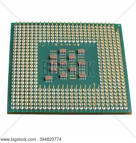 Microprocessor, Central Processing Unit. Photo Of A Cpu Chip Isolated On A White Background. Compute