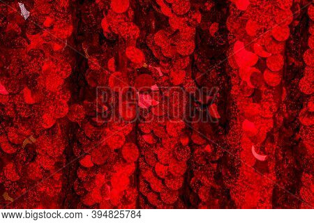 Red Sequins Pattern. Sparkling Sequins Background. Red Sequin Fabric For Background. Rectangular Red