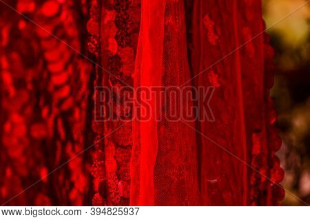 Red Sequins Pattern. Sparkling Sequins Background. Red Sequin Fabric For Background. Rectangular Red
