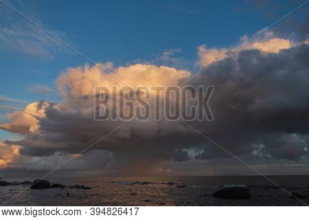 Natural Color Of Beautiful Rain Clouds Over The Sea Coast, A Sea Storm Coming To The Shore.