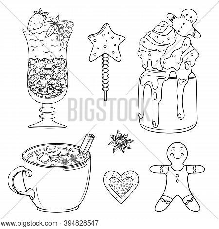 Vector Holiday Illustration With Hot Drinks, Cakes And Funny Gingerman. Outline Graphic Objects For 