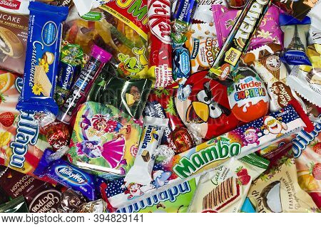 Moscow, Russia - January 02, 2016: Kinder Surprise, Angry Birds, Lindor, Kit Kat, Milky Way, Tempo, 