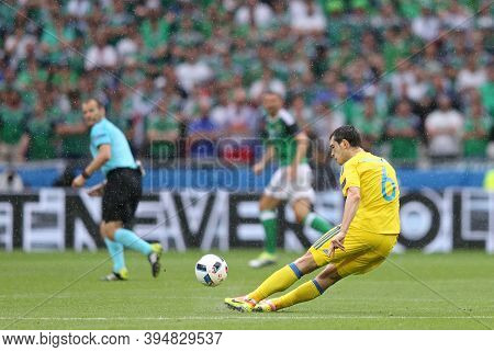 Lyon, France - June 16, 2016: Taras Stepanenko Of Ukraine Kicks A Ball During The Uefa Euro 2016 Gam