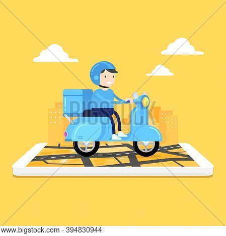 Food Delivery Service By Scooter With Courier. Man Courier Riding Scooter With Parcel Box On Mobile 