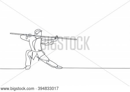 One Continuous Line Drawing Of Young Wushu Master Man, Kung Fu Warrior In Kimono With Long Staff On 