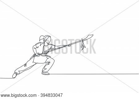 One Continuous Line Drawing Young Wushu Master Woman, Kung Fu Warrior In Kimono With Spear On Traini